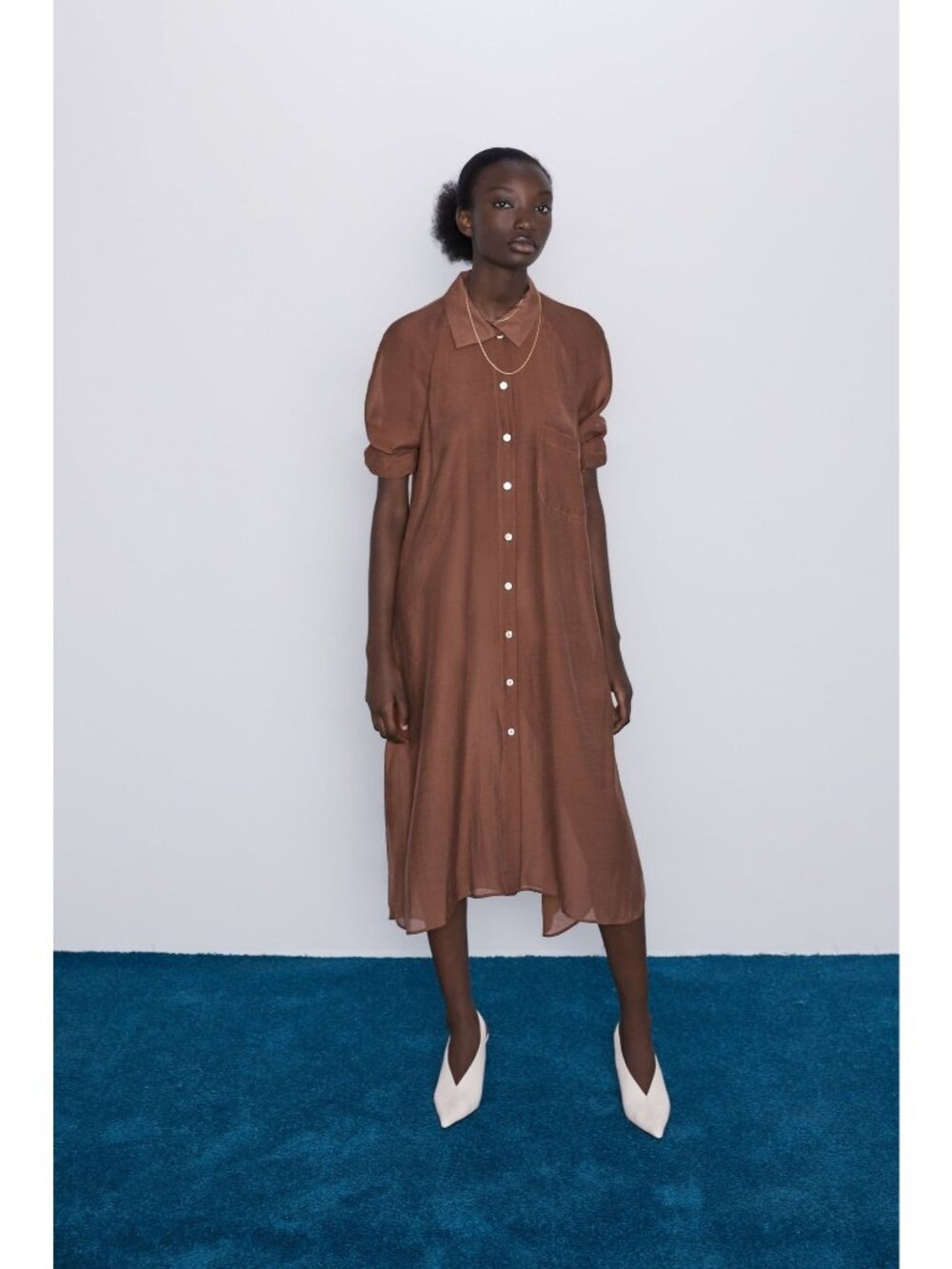 Zara Brown Flowy Midi Shirt Dress Pocket Long Sleeves Lightweight Size S